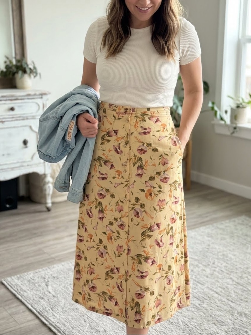 Vintage Liz Claiborne Floral Cream A-Line Skirt Pockets Button Front 12P